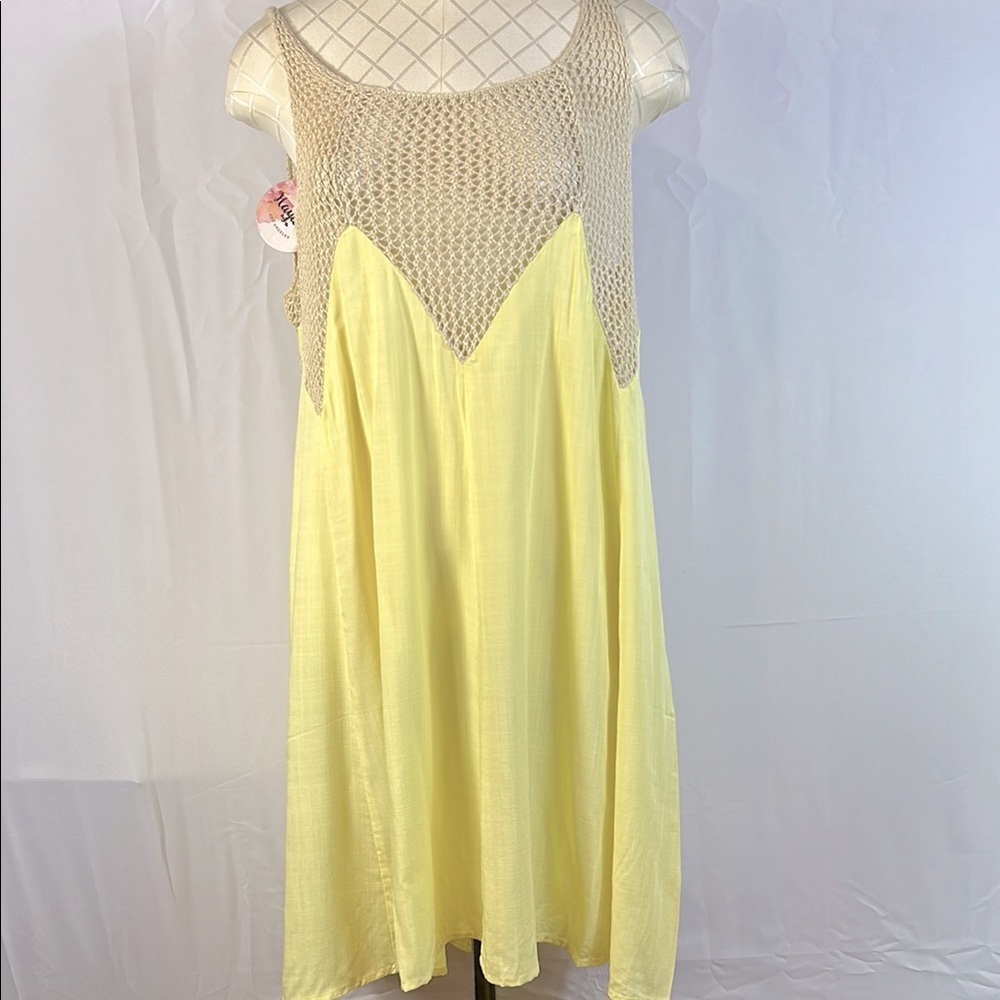 Hayden of Los Angeles Large Yellow Sleeveless Dress with Crochet Detail New
